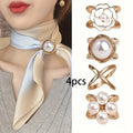 4 Pcs Elegant Golden Faux Pearl Scarf Clip Set - Multifunctional Metal Corner Knot and Ring Clip, for Safe,able Scarf Fixing