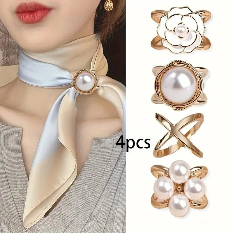 4 Pcs Elegant Golden Faux Pearl Scarf Clip Set - Multifunctional Metal Corner Knot and Ring Clip, for Safe,able Scarf Fixing