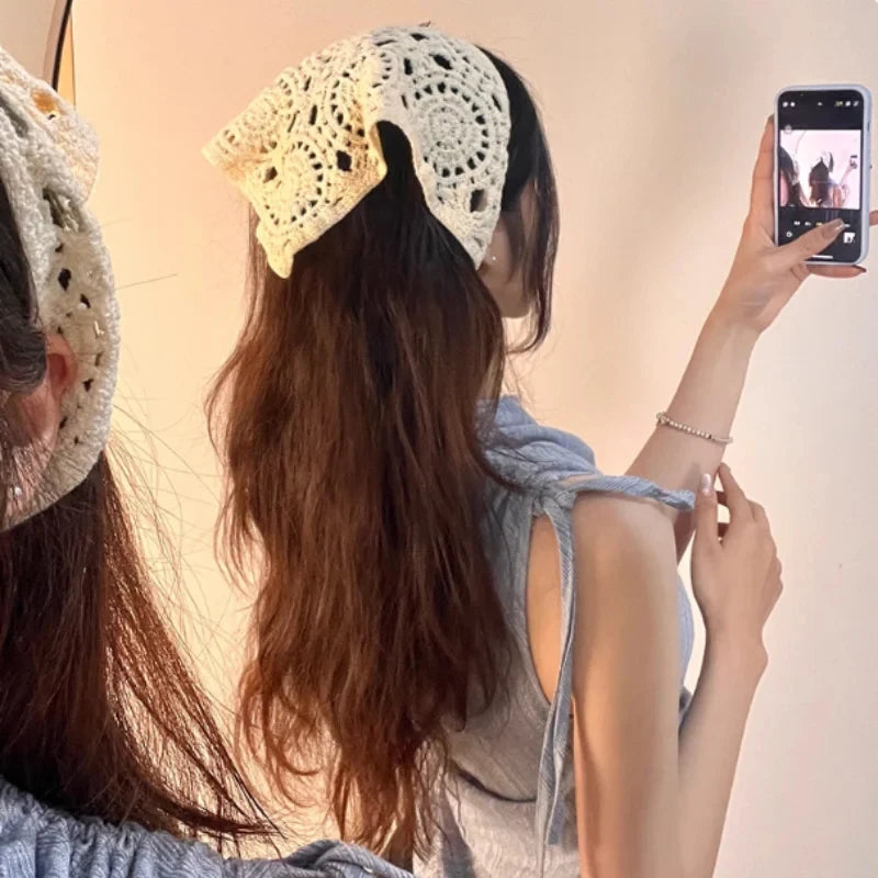Retro Handmade Crochet Hollow Triangle Headband French Pastoral Knitted Headscarf Summer Travel Literary Photo Hair Scarf