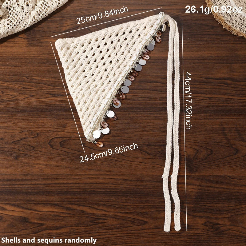 1pc Bohemian Shell Sequin Head Scarf – Hollow Out Triangle Hair Wrap for Daily Boho Look.