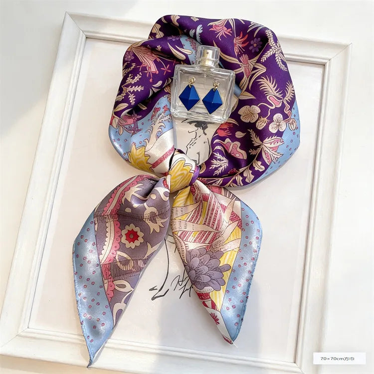Spring Fresh Elegant Print Silk Scarf for woman Soft Satin Square Scarves Neckerchief Women Shawls Hijab Scarf Bandana 70X70CM