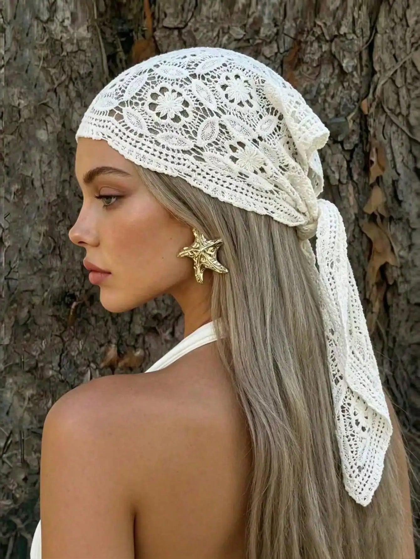 1pc Bohemian  Floral Knitted Lace Crochet Headscarf Breathable Sun Protection Headscarf Suitable For Beach Vacation Daily Wear