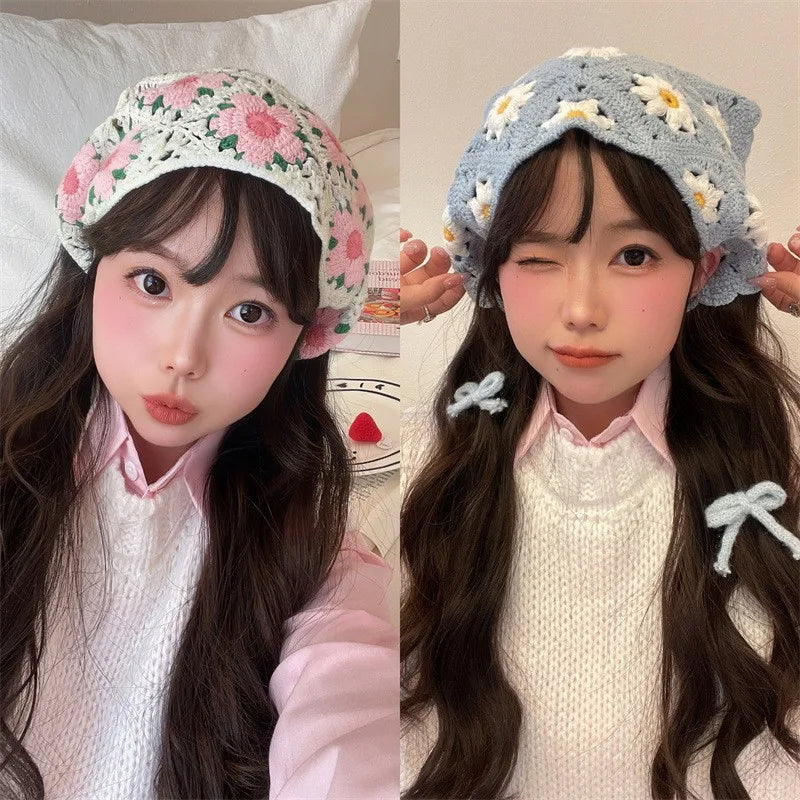 Vintage Weaving Knitting Flower Triangle Headscarf Headbands Elastic Hair Bands Women Girl Hair Scarf Hair Accessories Fashion
