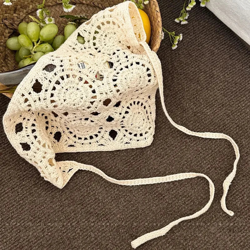 Retro Handmade Crochet Hollow Triangle Headband French Pastoral Knitted Headscarf Summer Travel Literary Photo Hair Scarf