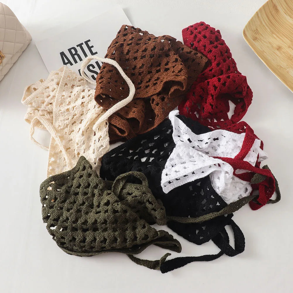 New Korean Hollow Out Knitted Triangular Bandanas for Women Head Wrap Kerchief  Handmade Crochet Headscarf Triangle Scarf