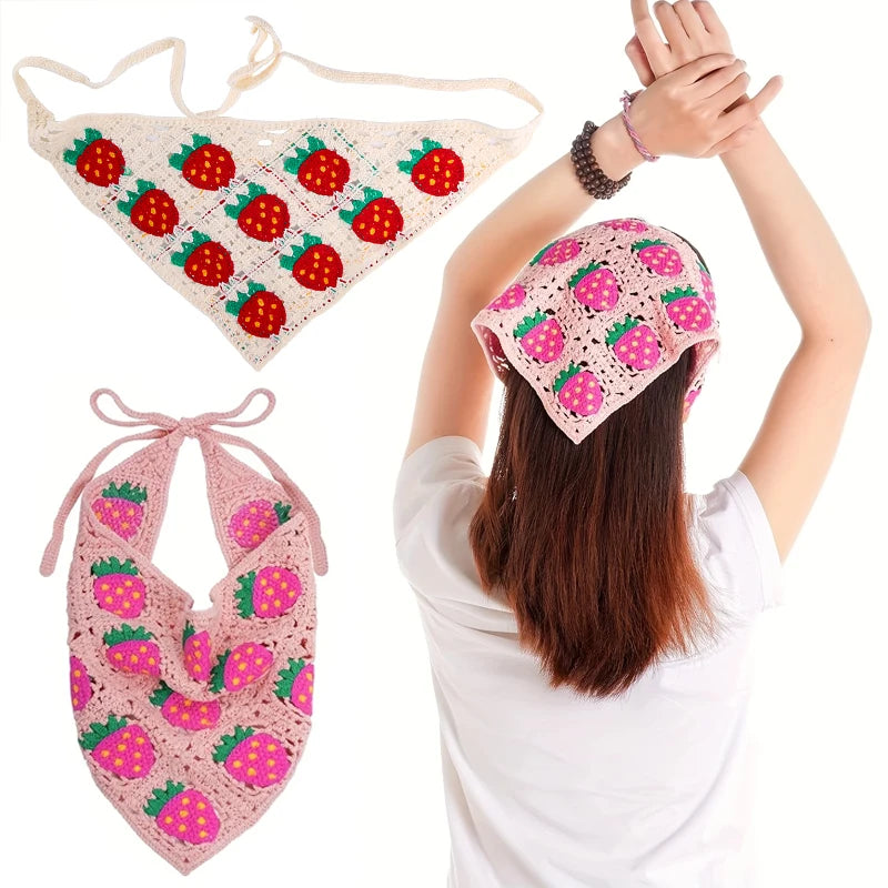 Womens triangle knit scarf strawberry headband hair cute girl accessories crochet head scarf