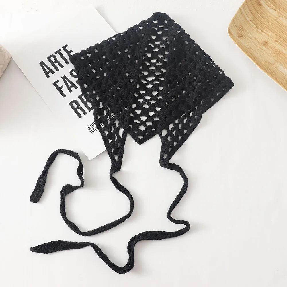 New Korean Hollow Out Knitted Triangular Bandanas for Women Head Wrap Kerchief  Handmade Crochet Headscarf Triangle Scarf