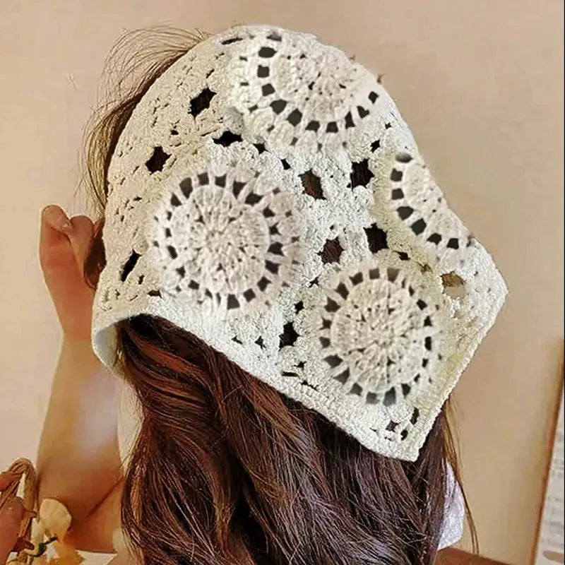 Retro Handmade Crochet Hollow Triangle Headband French Pastoral Knitted Headscarf Summer Travel Literary Photo Hair Scarf