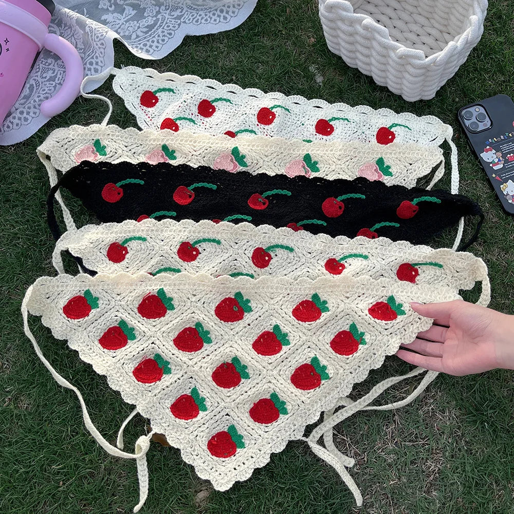 New Style Flower Headscarf For Women Summer Seaside Knitted Hollow Hook Flower Triangular Scarf French Retro Bag Hair Strap