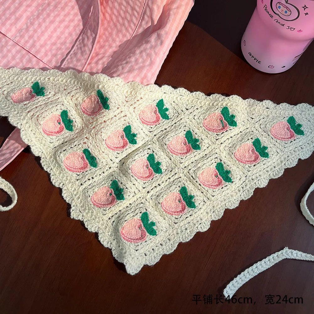 New Style Flower Headscarf For Women Summer Seaside Knitted Hollow Hook Flower Triangular Scarf French Retro Bag Hair Strap