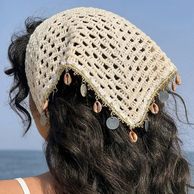 1pc Bohemian Shell Sequin Head Scarf – Hollow Out Triangle Hair Wrap for Daily Boho Look.