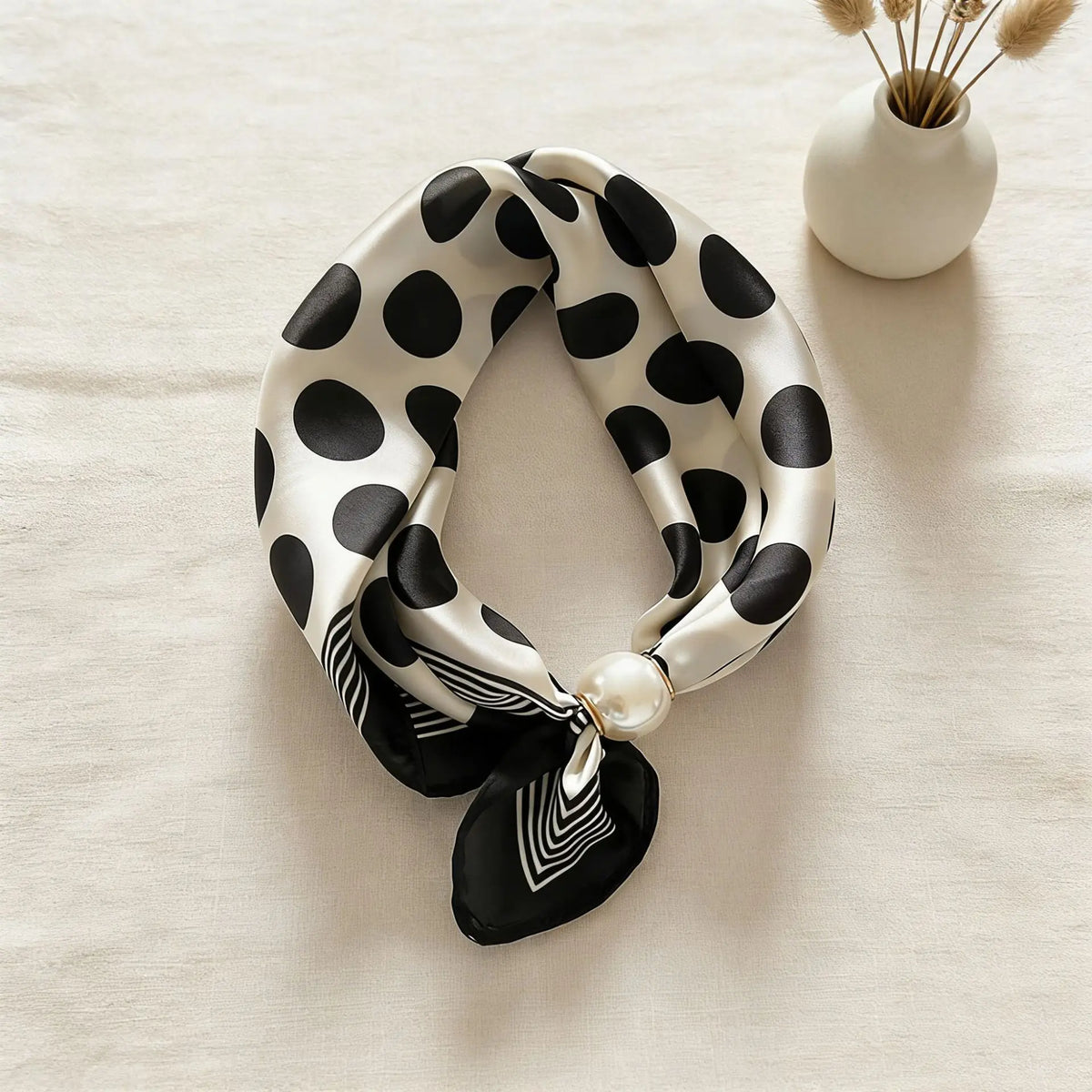 Print Scarf Silk Pearl Buckle Chain Female Lazy Thin Magnetic Collarbone Pendant Wraps Handkerchief Designer Woman Neck Scarf