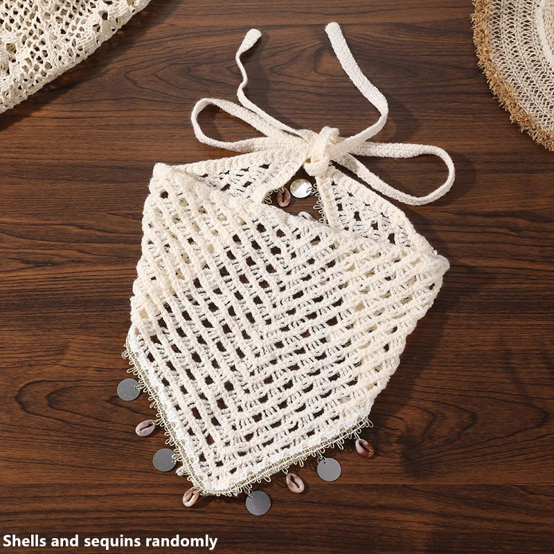 1pc Bohemian Shell Sequin Head Scarf – Hollow Out Triangle Hair Wrap for Daily Boho Look.