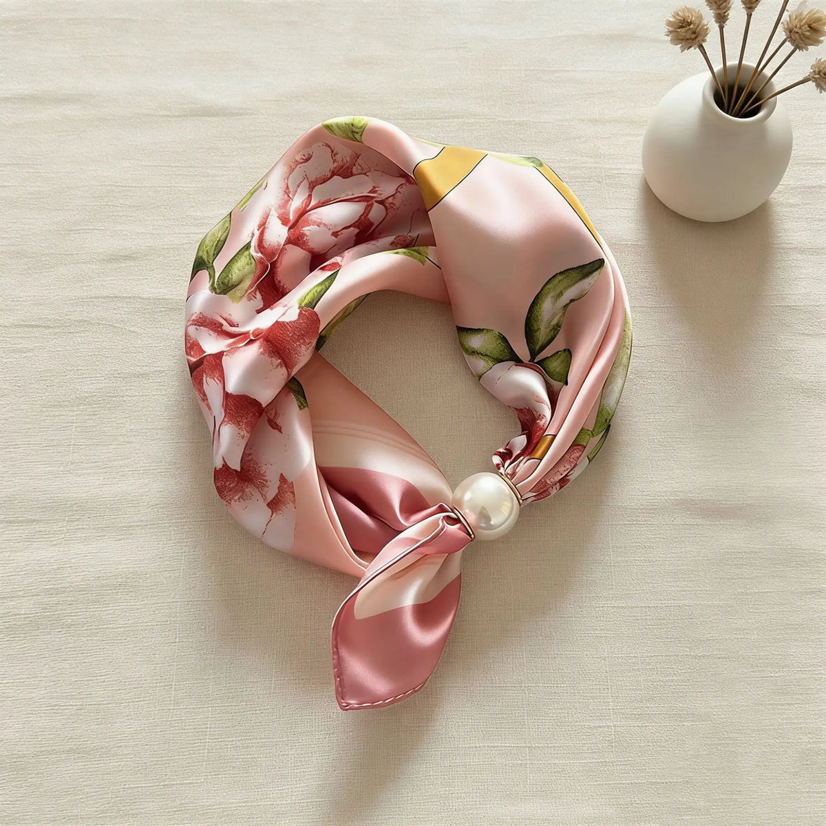 Print Scarf Silk Pearl Buckle Chain Female Lazy Thin Magnetic Collarbone Pendant Wraps Handkerchief Designer Woman Neck Scarf