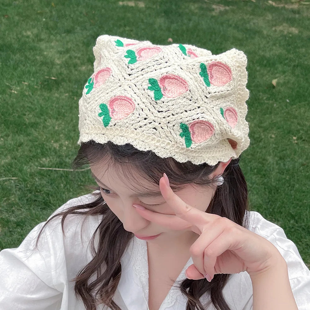 New Style Flower Headscarf For Women Summer Seaside Knitted Hollow Hook Flower Triangular Scarf French Retro Bag Hair Strap