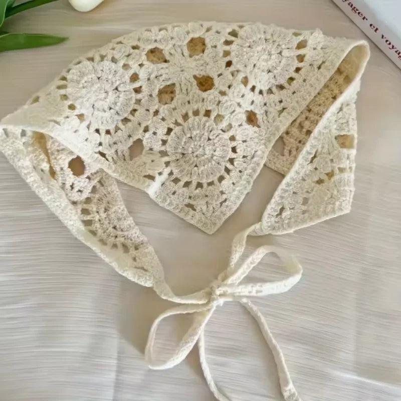 Retro Handmade Crochet Hollow Triangle Headband French Pastoral Knitted Headscarf Summer Travel Literary Photo Hair Scarf
