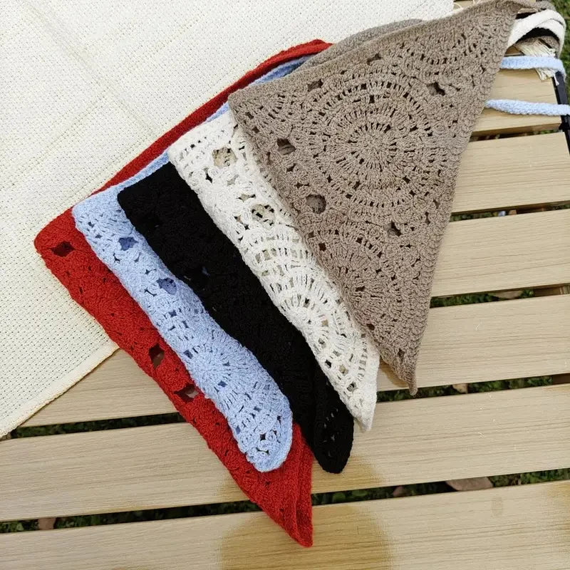 Retro Handmade Crochet Hollow Triangle Headband French Pastoral Knitted Headscarf Summer Travel Literary Photo Hair Scarf