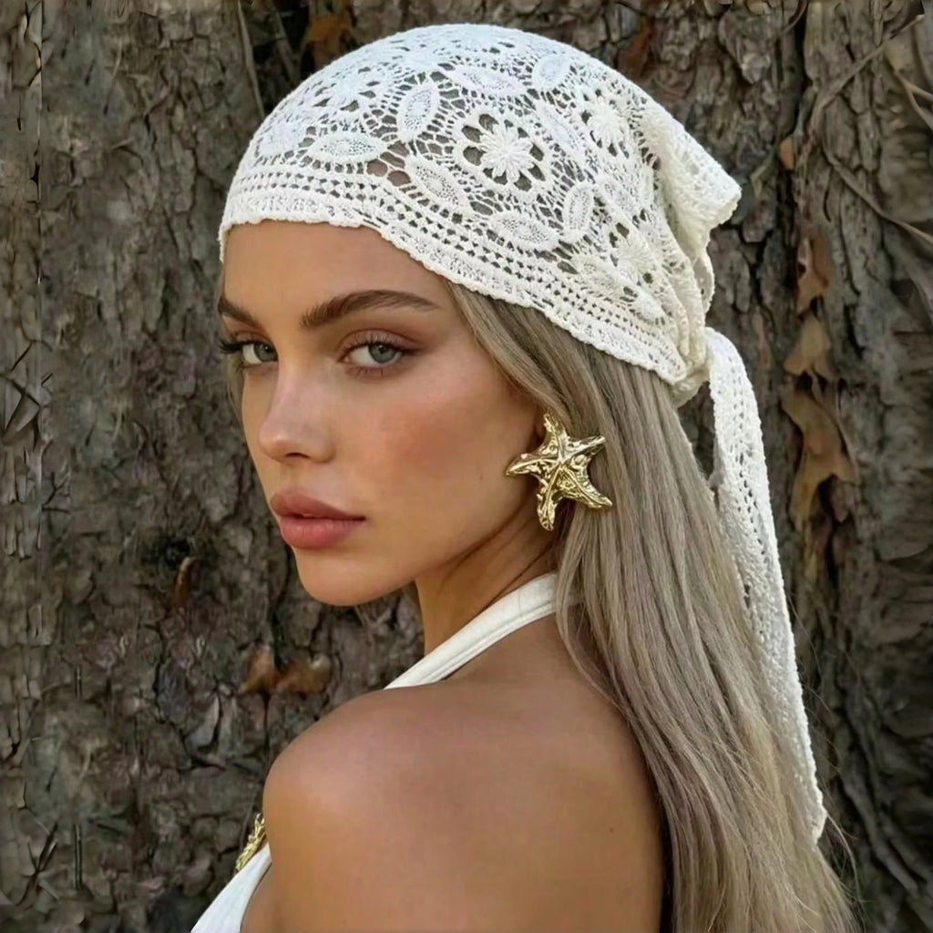 1pc Bohemian  Floral Knitted Lace Crochet Headscarf Breathable Sun Protection Headscarf Suitable For Beach Vacation Daily Wear