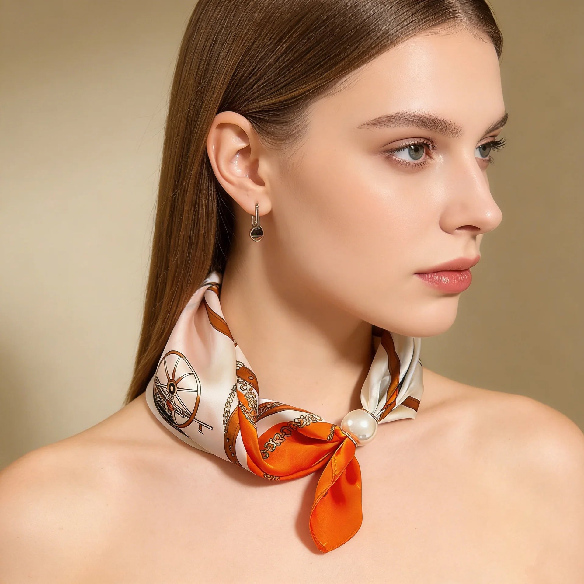 Print Scarf Silk Pearl Buckle Chain Female Lazy Thin Magnetic Collarbone Pendant Wraps Handkerchief Designer Woman Neck Scarf