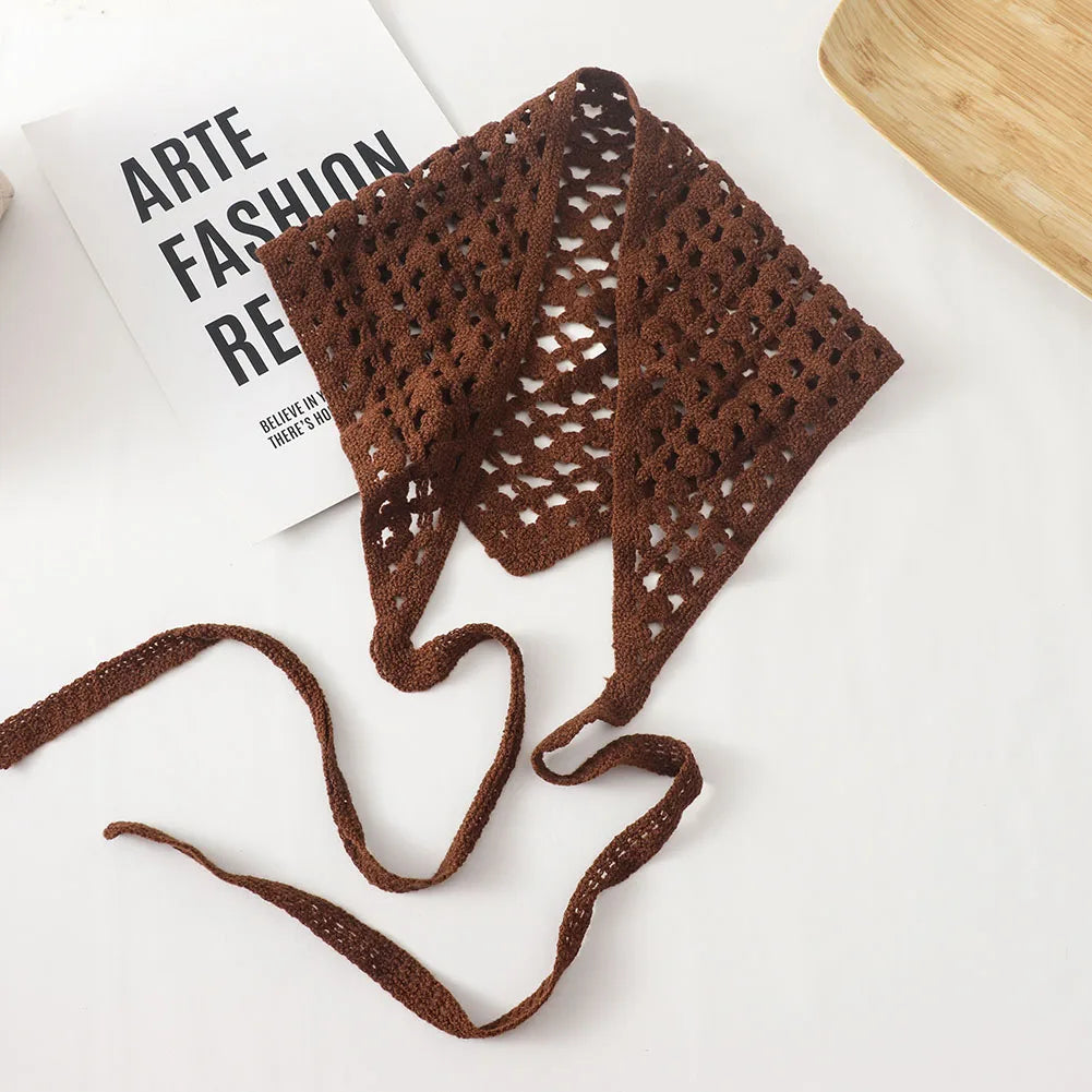 New Korean Hollow Out Knitted Triangular Bandanas for Women Head Wrap Kerchief  Handmade Crochet Headscarf Triangle Scarf