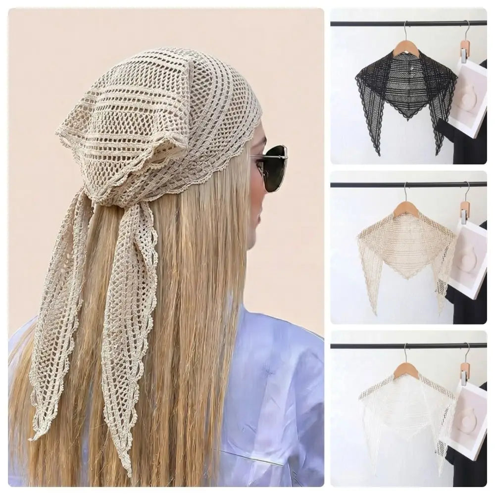 Fashion Headband Hair Scarf Hollow Out Solid Color Triangle Wrap Photo Props Lace Scarf Women