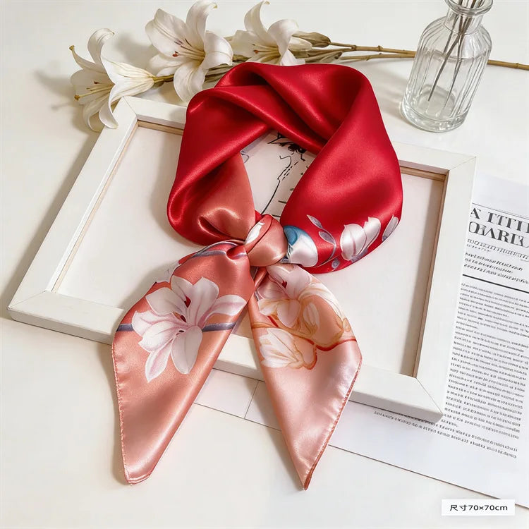 Spring Fresh Elegant Print Silk Scarf for woman Soft Satin Square Scarves Neckerchief Women Shawls Hijab Scarf Bandana 70X70CM