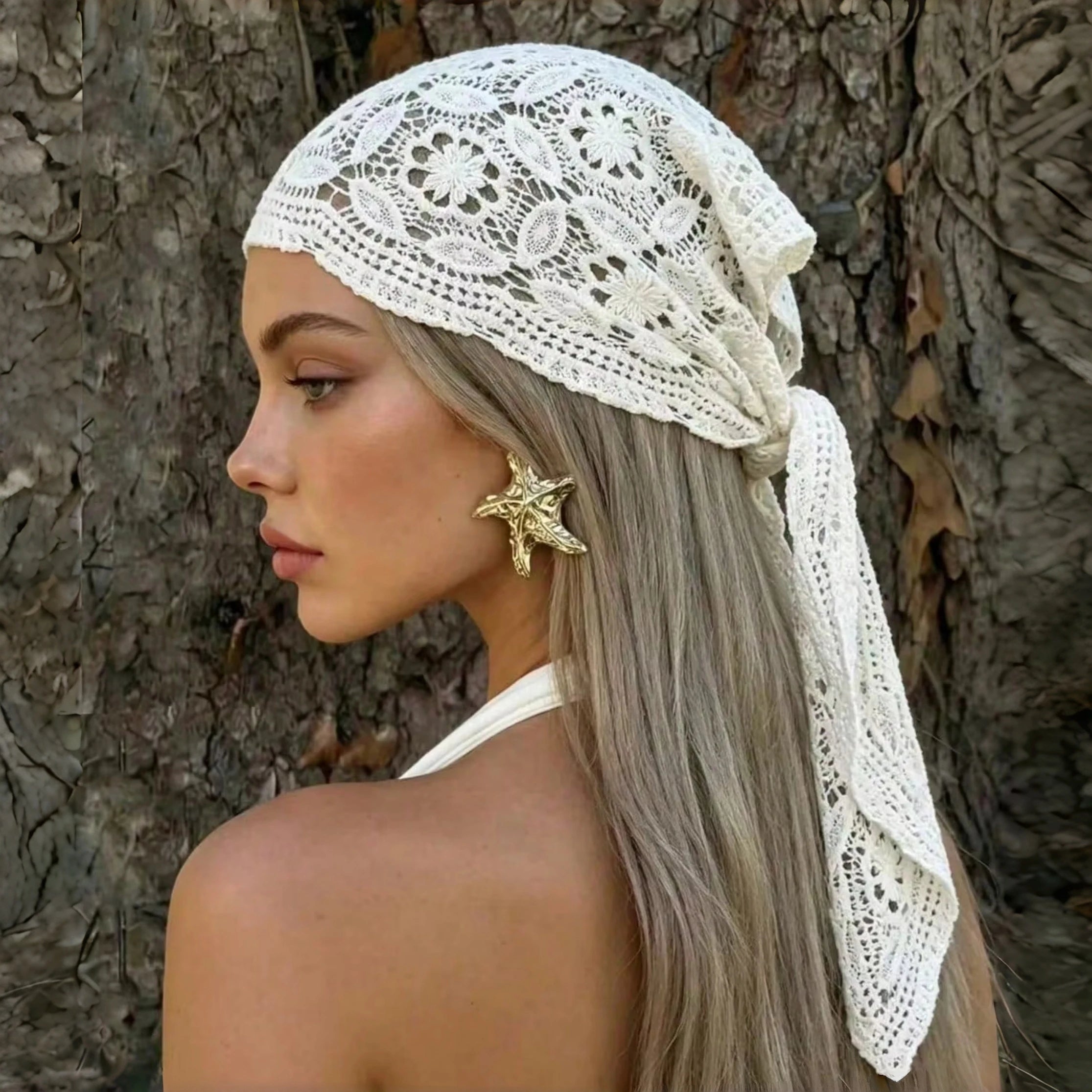 1pc Bohemian  Floral Knitted Lace Crochet Headscarf Breathable Sun Protection Headscarf Suitable For Beach Vacation Daily Wear