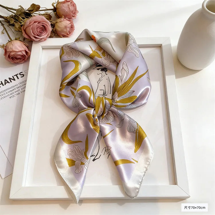 Spring Fresh Elegant Print Silk Scarf for woman Soft Satin Square Scarves Neckerchief Women Shawls Hijab Scarf Bandana 70X70CM