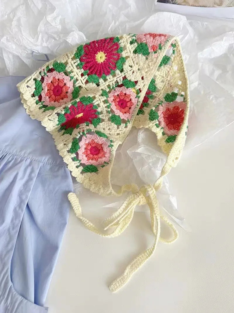 Vintage Weaving Knitting Flower Triangle Headscarf Headbands Elastic Hair Bands Women Girl Hair Scarf Hair Accessories Fashion