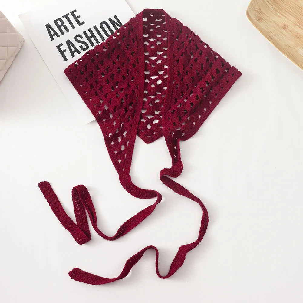New Korean Hollow Out Knitted Triangular Bandanas for Women Head Wrap Kerchief  Handmade Crochet Headscarf Triangle Scarf