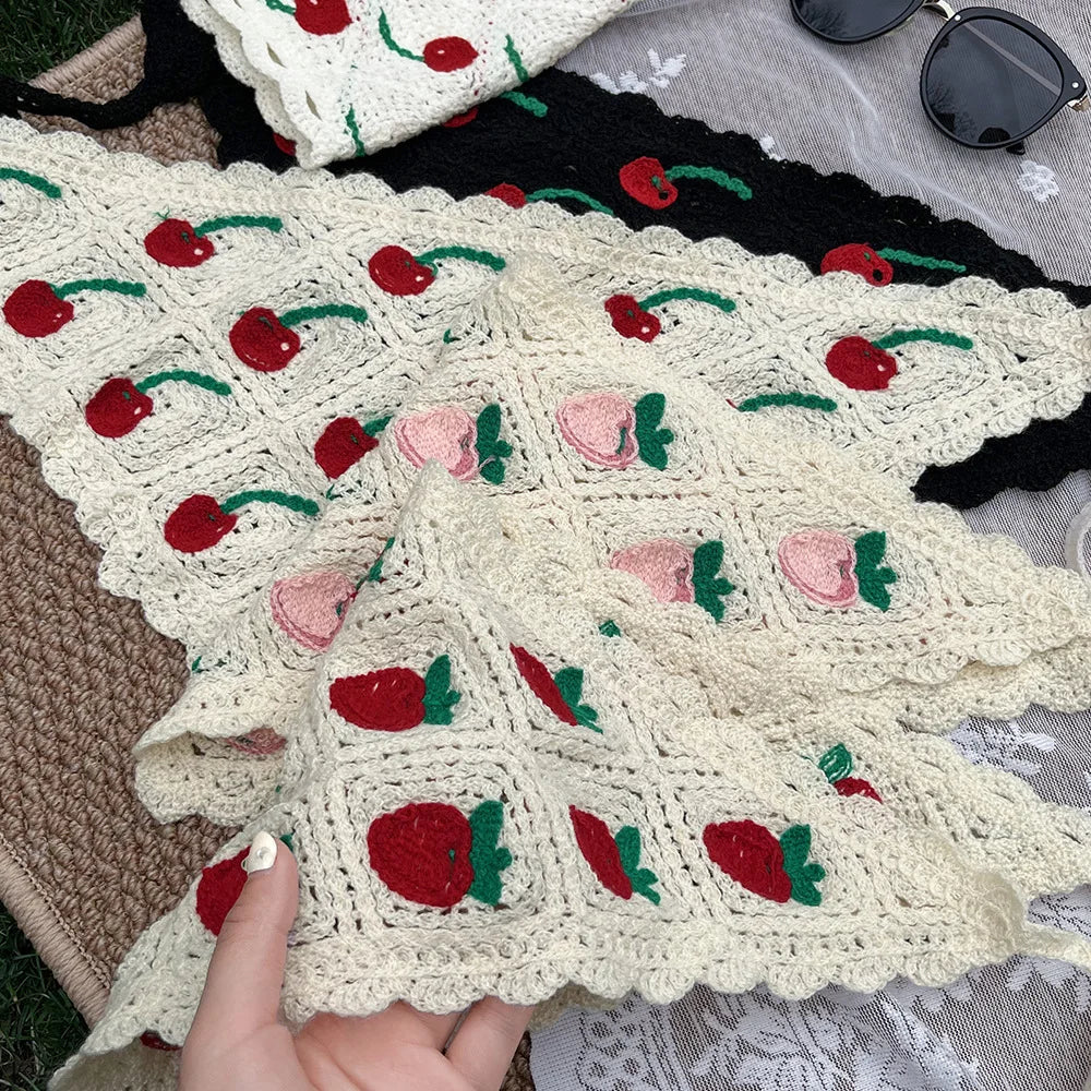 New Style Flower Headscarf For Women Summer Seaside Knitted Hollow Hook Flower Triangular Scarf French Retro Bag Hair Strap