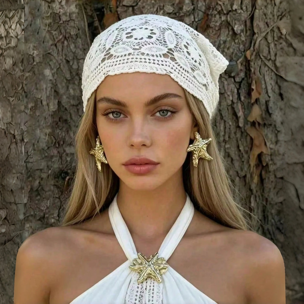 1pc Bohemian  Floral Knitted Lace Crochet Headscarf Breathable Sun Protection Headscarf Suitable For Beach Vacation Daily Wear