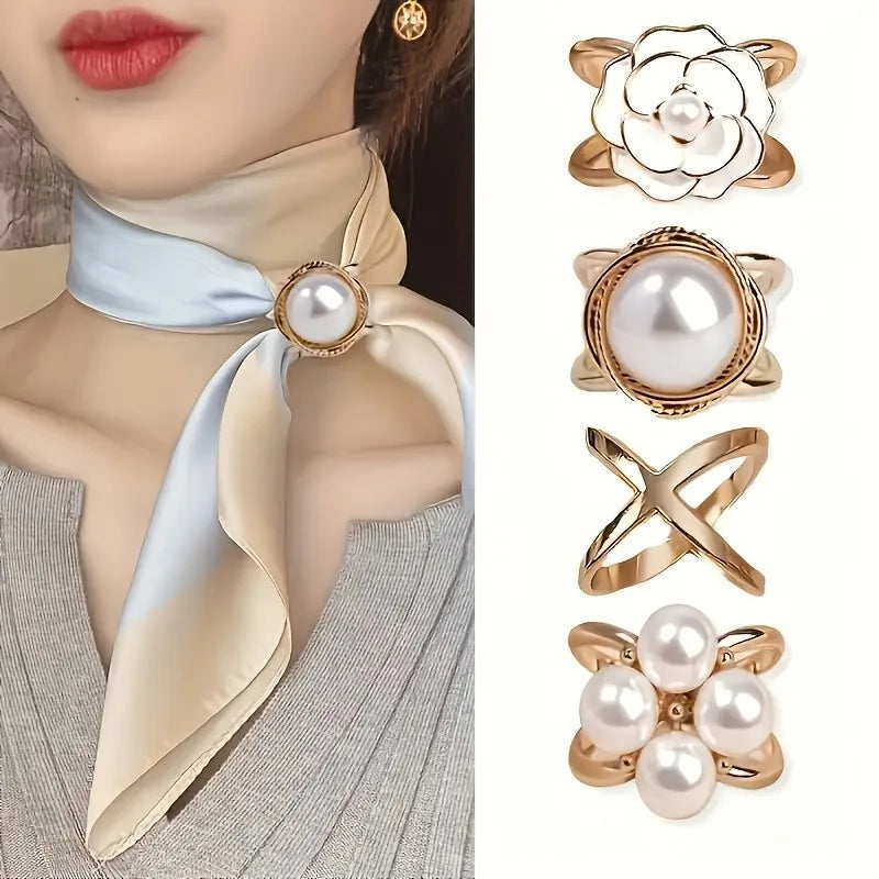 4 Pcs Elegant Golden Faux Pearl Scarf Clip Set - Multifunctional Metal Corner Knot and Ring Clip, for Safe,able Scarf Fixing