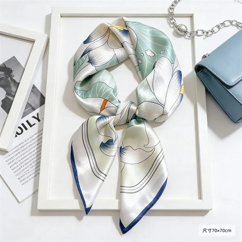 Spring Fresh Elegant Print Silk Scarf for woman Soft Satin Square Scarves Neckerchief Women Shawls Hijab Scarf Bandana 70X70CM