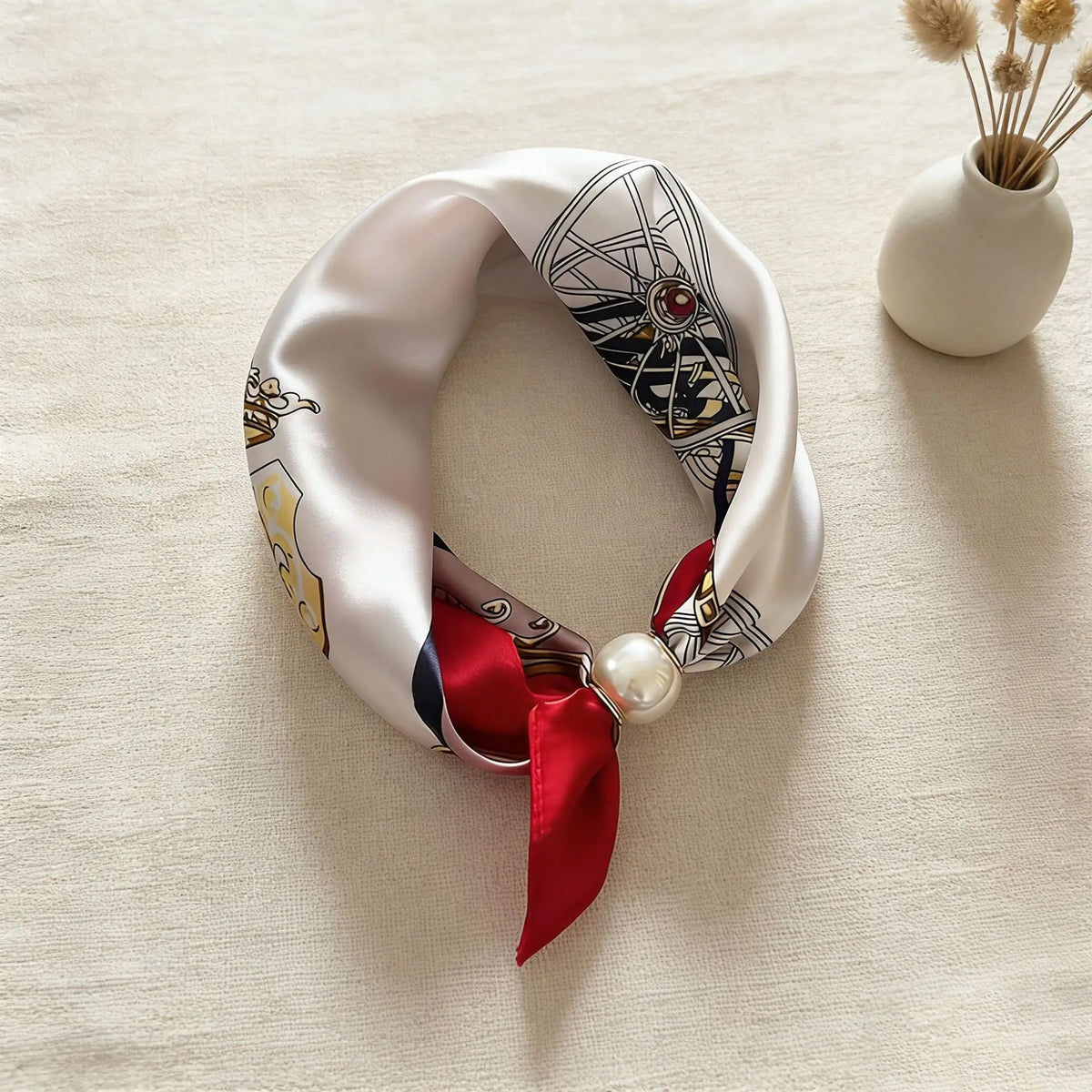 Print Scarf Silk Pearl Buckle Chain Female Lazy Thin Magnetic Collarbone Pendant Wraps Handkerchief Designer Woman Neck Scarf