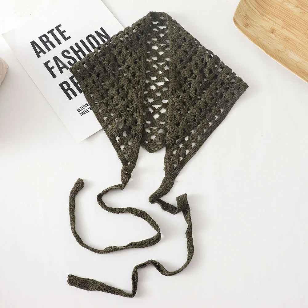 New Korean Hollow Out Knitted Triangular Bandanas for Women Head Wrap Kerchief  Handmade Crochet Headscarf Triangle Scarf