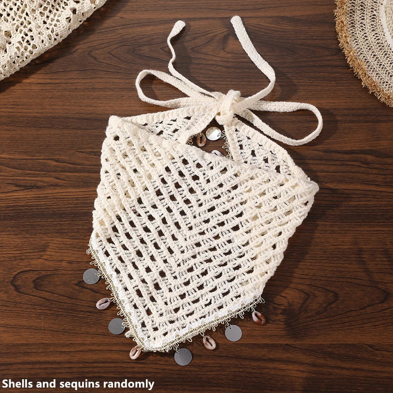 1pc Bohemian Shell Sequin Head Scarf – Hollow Out Triangle Hair Wrap for Daily Boho Look.