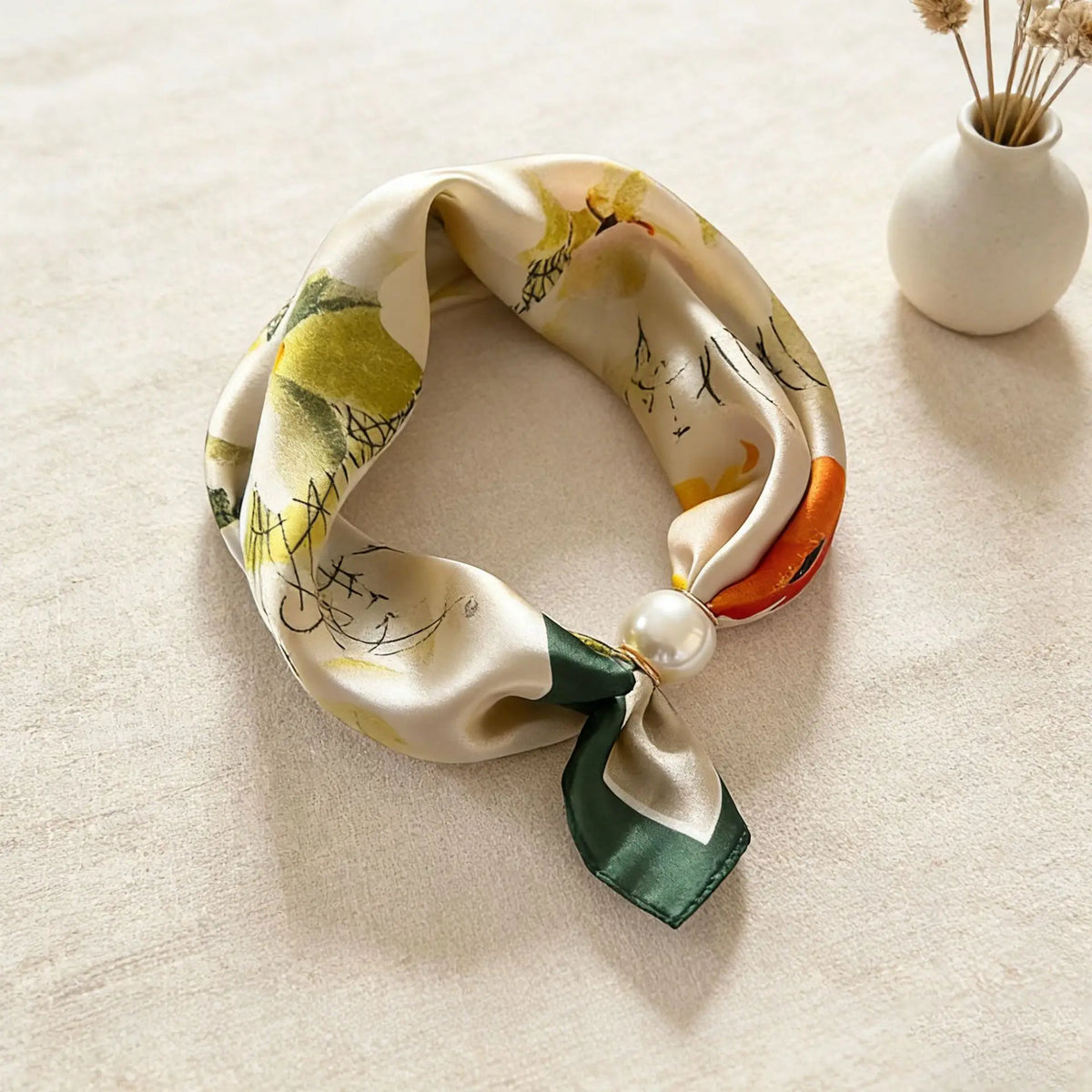 Print Scarf Silk Pearl Buckle Chain Female Lazy Thin Magnetic Collarbone Pendant Wraps Handkerchief Designer Woman Neck Scarf