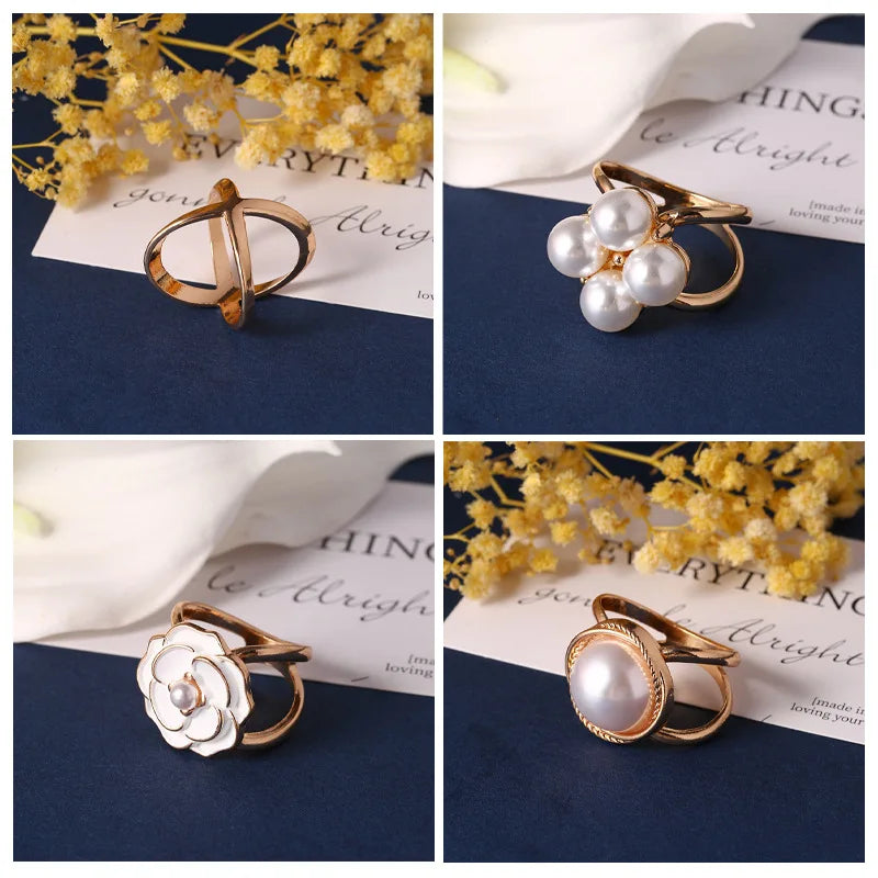 4 Pcs Elegant Golden Faux Pearl Scarf Clip Set - Multifunctional Metal Corner Knot and Ring Clip, for Safe,able Scarf Fixing