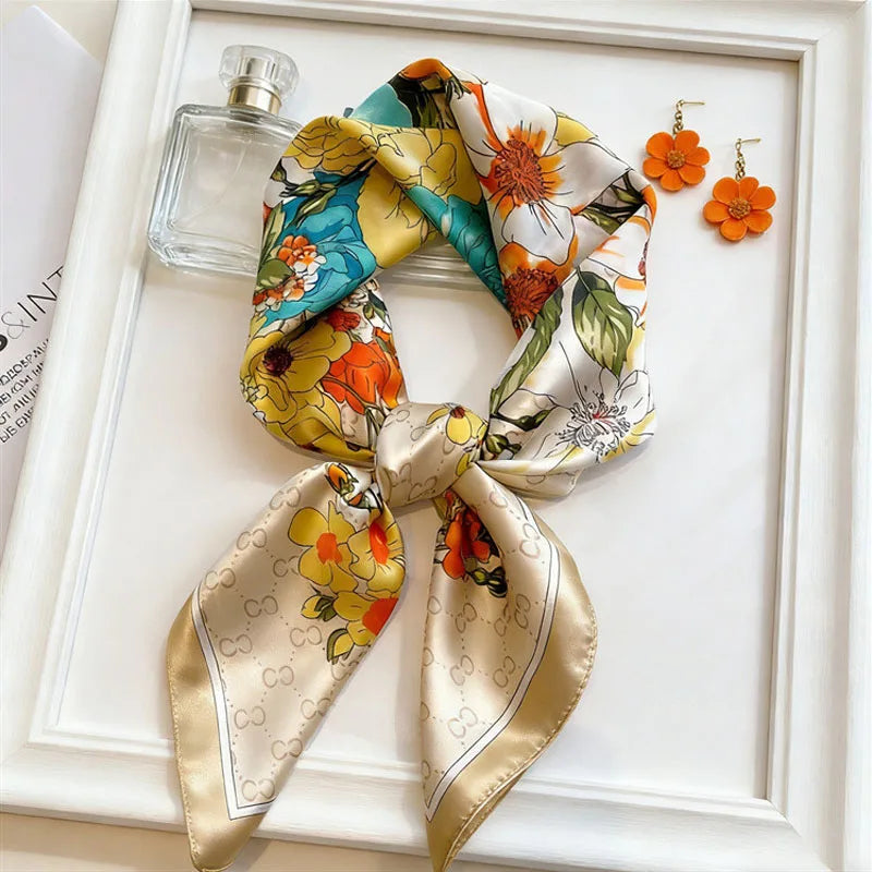 Spring Fresh Elegant Print Silk Scarf for woman Soft Satin Square Scarves Neckerchief Women Shawls Hijab Scarf Bandana 70X70CM