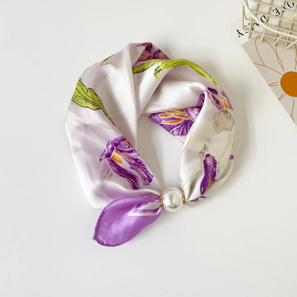 Print Scarf Silk Pearl Buckle Chain Female Lazy Thin Magnetic Collarbone Pendant Wraps Handkerchief Designer Woman Neck Scarf