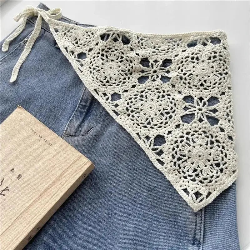 Retro Handmade Crochet Hollow Triangle Headband French Pastoral Knitted Headscarf Summer Travel Literary Photo Hair Scarf