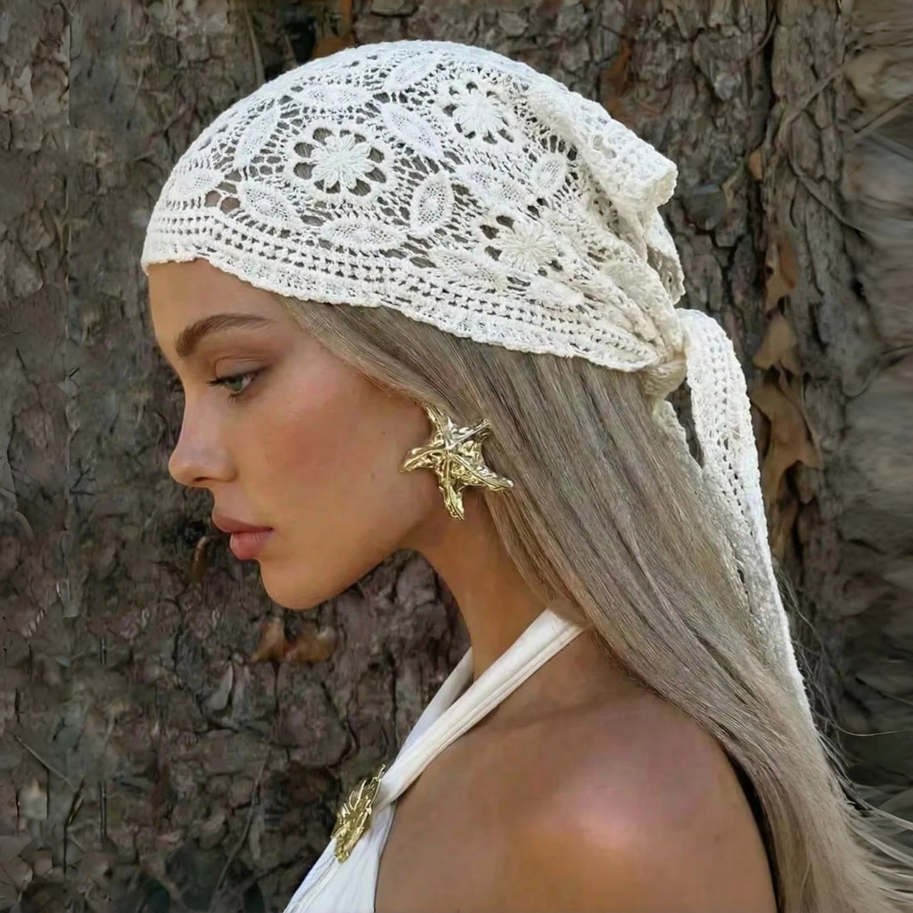 1pc Bohemian  Floral Knitted Lace Crochet Headscarf Breathable Sun Protection Headscarf Suitable For Beach Vacation Daily Wear