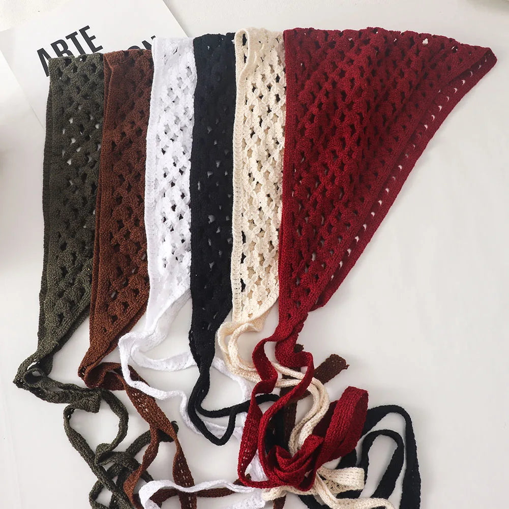 New Korean Hollow Out Knitted Triangular Bandanas for Women Head Wrap Kerchief  Handmade Crochet Headscarf Triangle Scarf