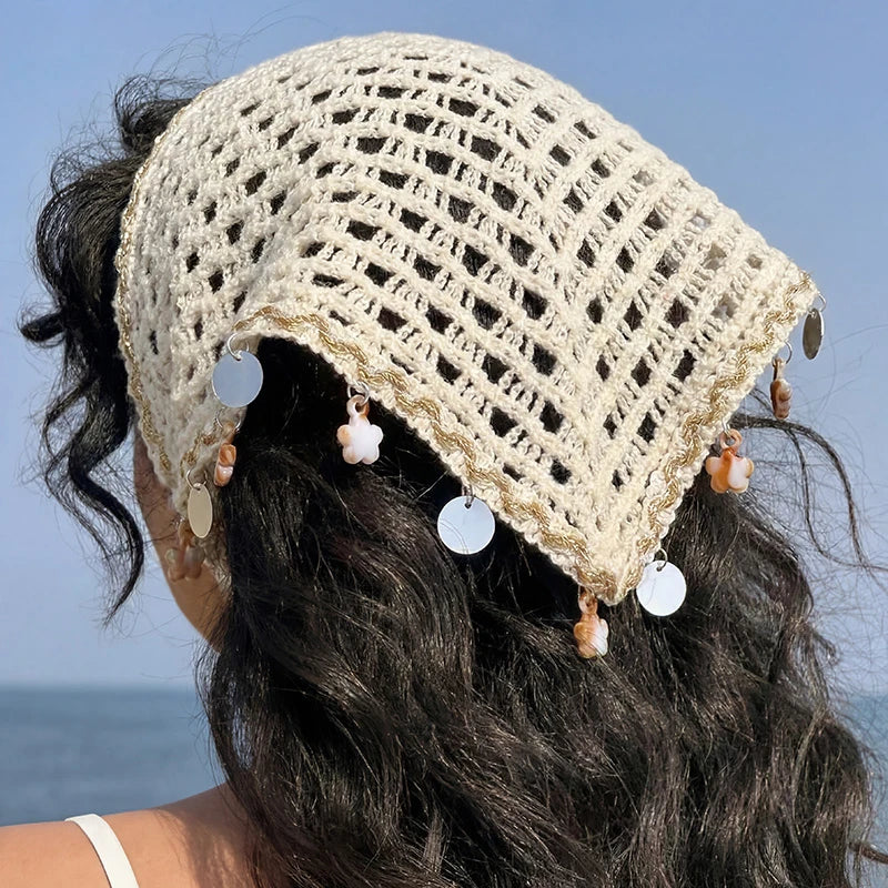 1pc Bohemian Shell Sequin Head Scarf – Hollow Out Triangle Hair Wrap for Daily Boho Look.