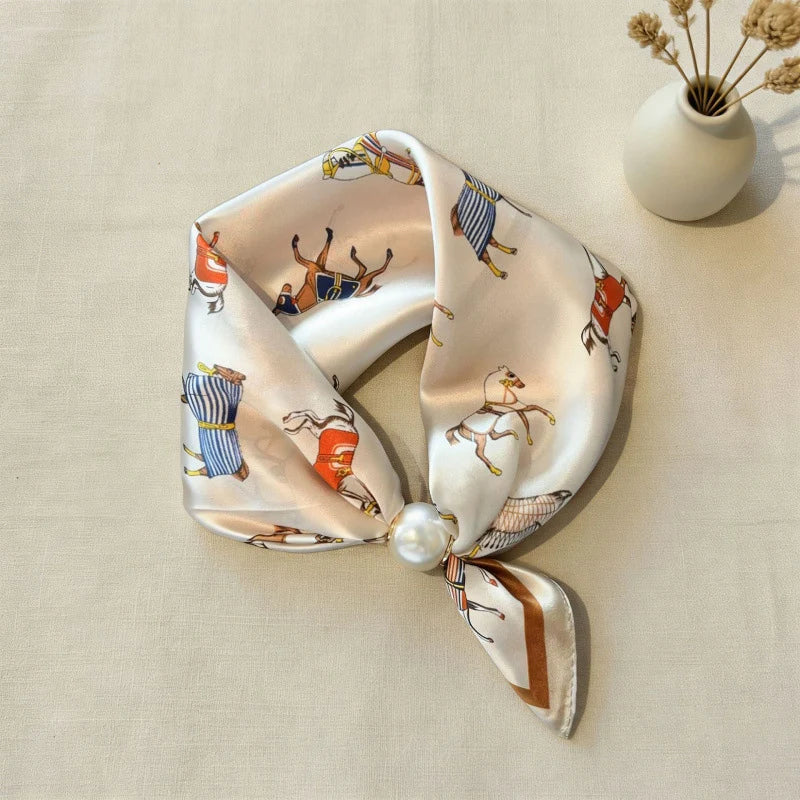 Women Magnetic Silk Scarf Square Scarf Spring Summer Thin Pearl Silk Scarves Pendant Clavicle Collarbone Chain Neck Scarf